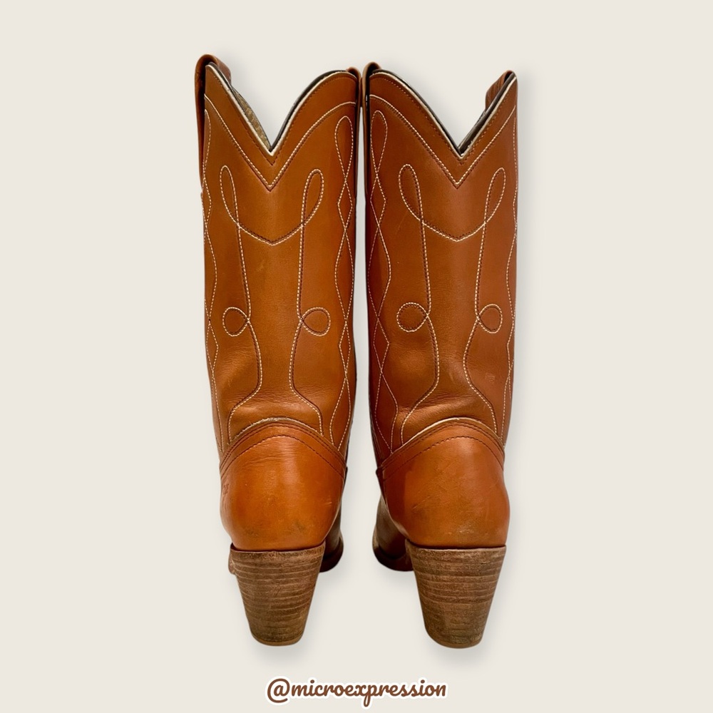 1980 VINTAGE Frye Swirl Stitch Embroidered Cognac Tan Brown Leather Cowboy Boot - Picture 5 of 11